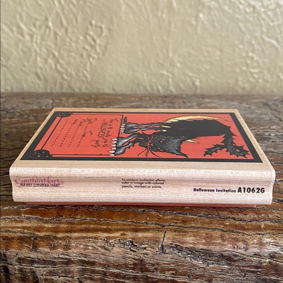 🌙🐈⬛Vintage🌙🐈⬛Halloween Party Invitation Wood Block Rubber Stamp - Picture 4 of 7